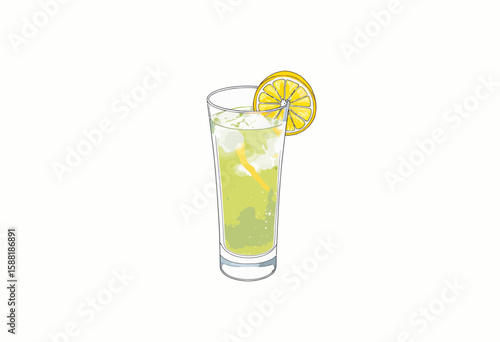 Refreshing lemonade drink with ice and lemon slice in glass  