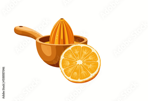 Orange citrus juicer with sliced fruit on white background  