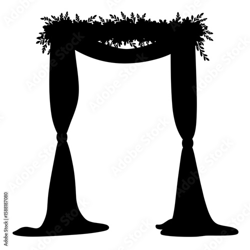 Silhouette of ceremonial arch draped with fabric and floral swags – Outdoor wedding decoration