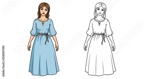 Elegance in Illustration: A woman in medieval dress, illustration and line art, showcasing timeless fashion and artistic finesse.