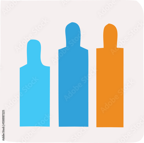 Three abstract human figures in ascending height order colored in light blue dark blue and orange against a textured off white background