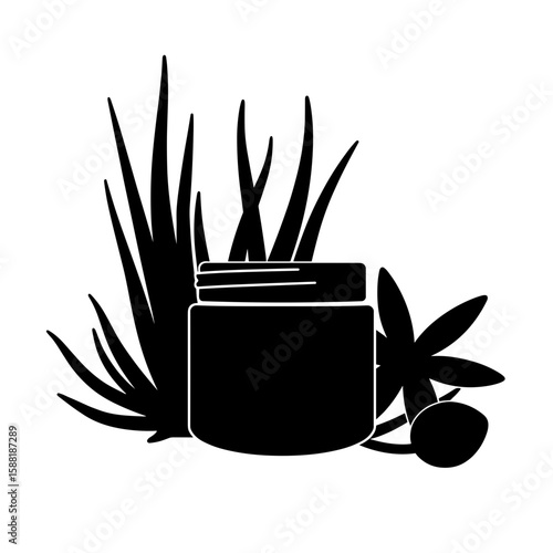 Silhouette of cosmetic jar with aloe leaf and flower – Natural skincare, soothing ingredient