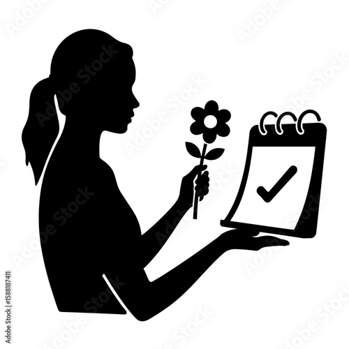Silhouette of woman with flower and checkmark calendar – Confidence routine, self-care