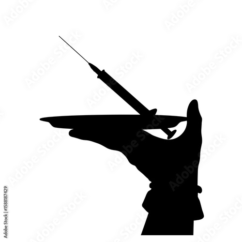 Silhouette of syringe held in gloved hand above tray – Hormone injection, healthcare administration