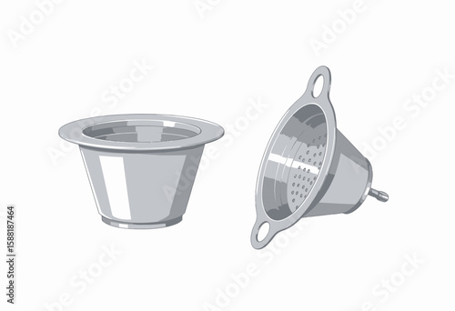 Metal kitchen strainers in silver color with different designs  