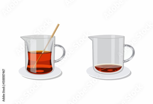 Glass teapots with brewed tea and empty cup on saucers  