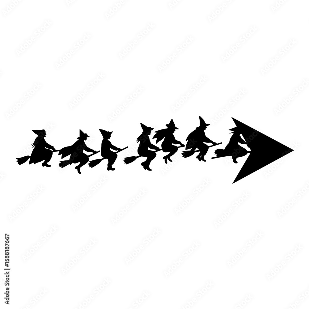 Silhouette of flying witches on broomsticks, Halloween night journey, spooky celebration Silhouette of flying witches on broomsticks, Halloween night journey, spooky celebration