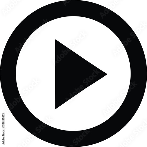 A stark black play button icon is centered within a thick black circle on a clean white background representing media playback initiation