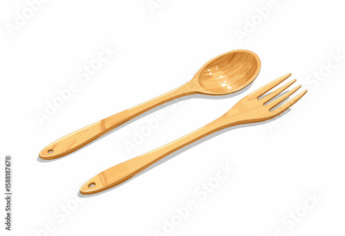 Wooden salad spoon and fork set on white background  