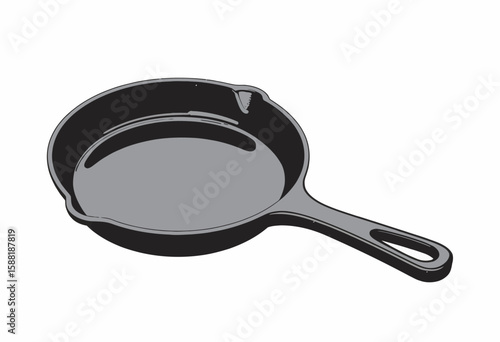 Cast iron frying pan in black color with handle on white background  