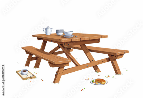 Wooden picnic table set with dishes and snacks in outdoor setting  