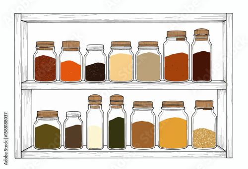 Glass jars filled with spices on wooden shelf in kitchen setting  