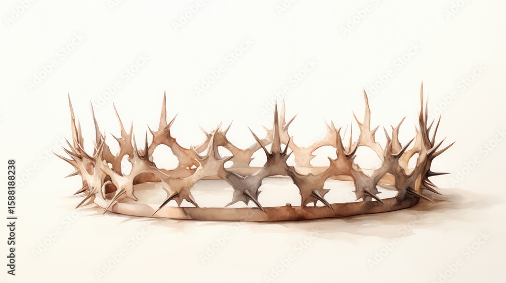 Fototapeta premium Watercolor symbolism of crown of thorns on white background, evoking themes of sacrifice, painting and religious suffering,