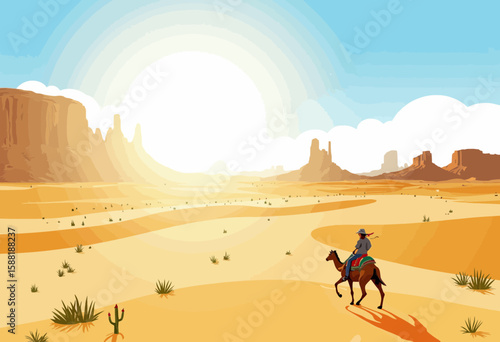 Cowboy riding camel across desert landscape during sunset  