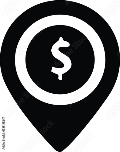 A black location pin icon with a white dollar sign inside a white circle representing financial destinations or monetary points of interest