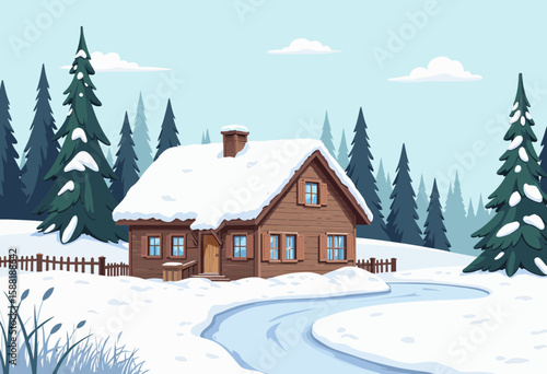 Cozy wooden house surrounded by snow-covered trees in winter  