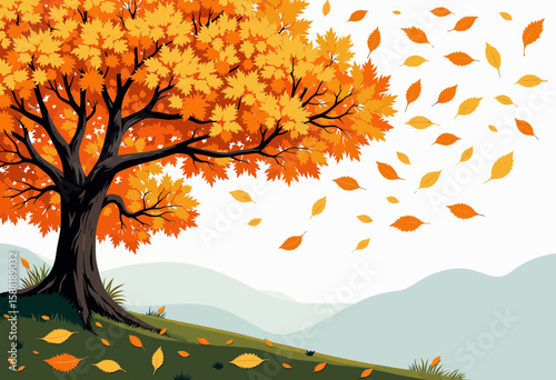 Autumn tree with orange leaves and falling foliage on hillside  