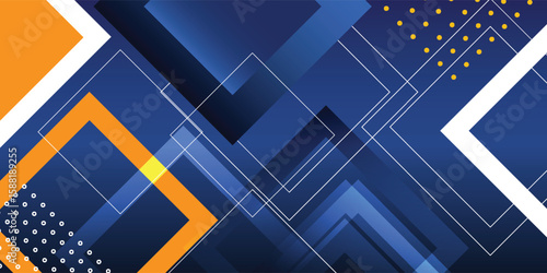 Abstract geometric design with overlapping shapes in shades of blue, orange, and white.
