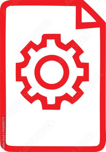 Red gear icon centered on a white document page with a thick red border symbolizing settings or configuration