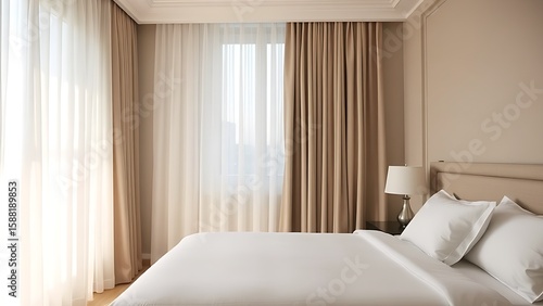 A serene hotel room bathed in morning light, with neatly made bed and sheer curtains.
