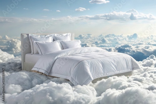 Luxurious white bed floating amongst soft clouds under a blue sky