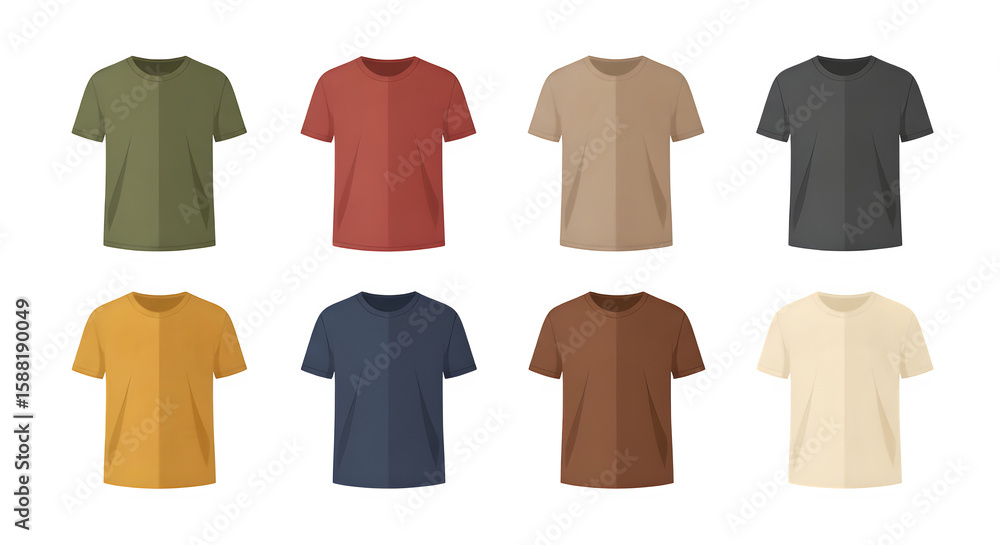 Eight different colored t shirts isolated on transparent background Eight different colored t shirts isolated on transparent background
