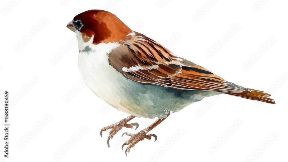 A brown and white bird with a black beak. It is sitting on a white background. The bird is small and has a brown head A brown and white bird with a black beak. It is sitting on a white background. The bird is small and has a brown head