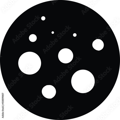 Abstract minimalist black circle with scattered white dots representing a celestial body or cosmic pattern