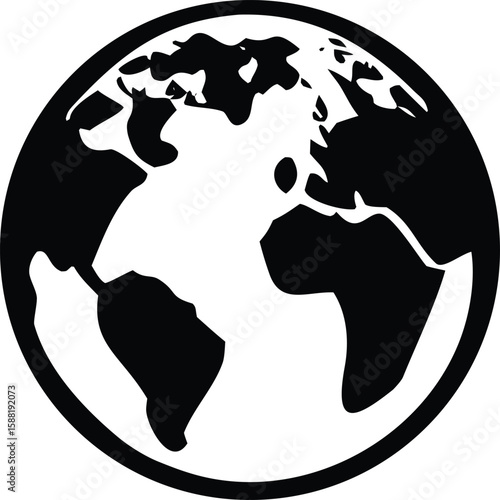 Stylized black and white silhouette of planet earth with continents clearly defined against a white background