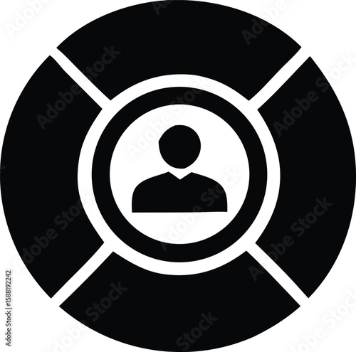 Abstract circular diagram with a central user icon and four segmented sections representing data or process flow