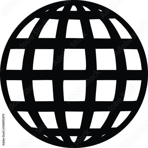Stylized black and white globe icon with a grid pattern representing continents and oceans on a plain background