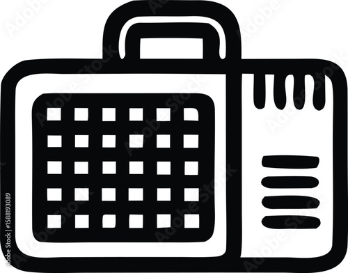 Stylized black and white icon representing a portable luggage or travel bag with a grid pattern and side compartments