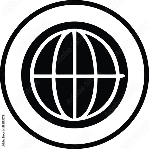 A stylized black and white graphic icon featuring a simplified globe with intersecting meridians and parallels enclosed within a double circular border