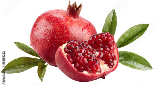 Fresh pomegranate fruit with vibrant red seeds and green leaves, showcasing its juicy interior against a clean background