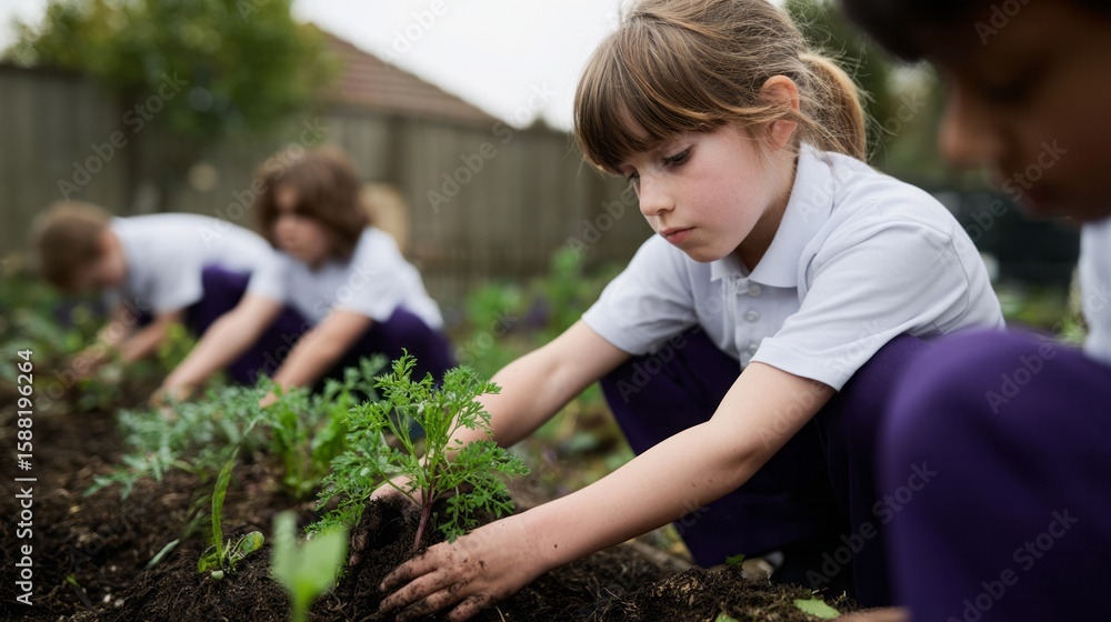 Fototapeta premium Inquisitive young gardeners, diverse children planting vibrant carrots, celebrating Earth Day and fostering eco-consciousness amidst urban sprawl
