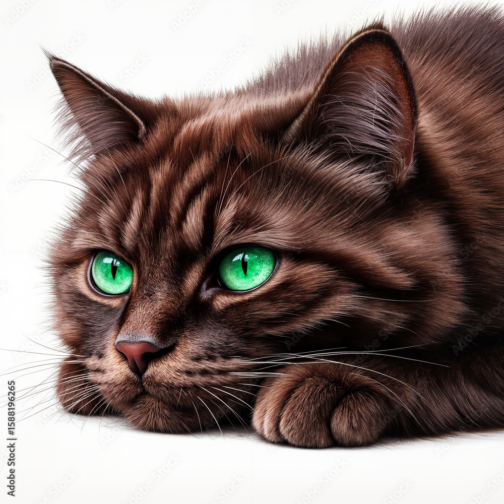 Fototapeta premium Brown cat lying down with green eyes on a white background 