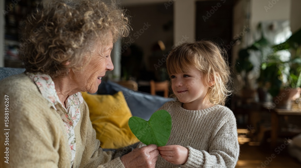 Elderly Caucasian woman and young boy exchange a green paper heart, symbolizing Grandparents Day warmth and Earth Day love Elderly Caucasian woman and young boy exchange a green paper heart, symbolizing Grandparents Day warmth and Earth Day love
