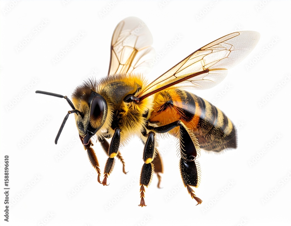 Close-up of a Honeybee with Detailed Wings, Fuzzy Body, and Pollen on Legs, Isolated on White Background Close-up of a Honeybee with Detailed Wings, Fuzzy Body, and Pollen on Legs, Isolated on White Background