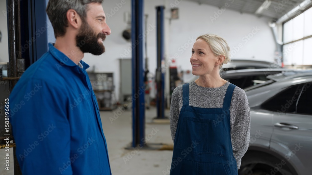 Fototapeta premium A bearded Caucasian male mechanic shares a heartfelt laugh with a cheerful Caucasian female, surrounded by cars and tools, celebrating International Friendship Day and Random Acts of Kindness Day