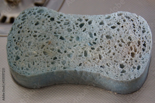 A sponge sits gently on a smooth surface, showcasing its porous texture and simple yet functional shape. 
