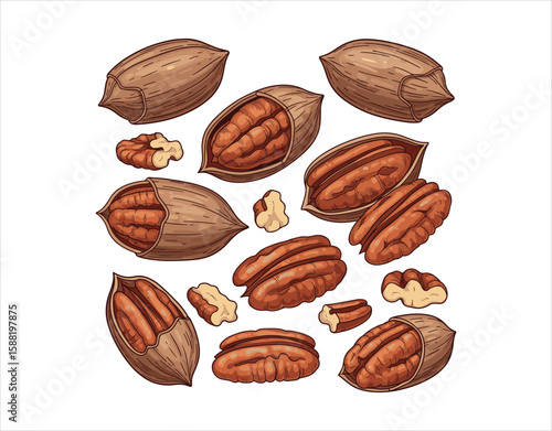 Pecan nut gathering. A colorful hand-drawn vector illustration of food.