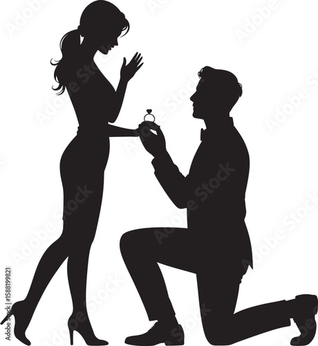 Man proposing marriage to woman with engagement ring silhouette