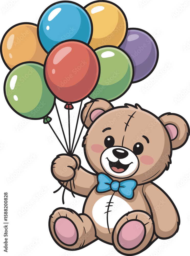 Fototapeta premium Happy cartoon teddy bear sitting and holding a bunch of colorful balloons