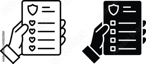 A hand holding a document with a shield and a list in both outline and solid