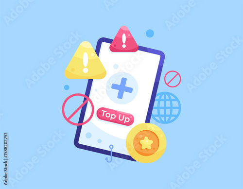 a concept of a scam and dangerous top up application and website. Security and notifications. Illustration of a smartphone with prohibition and warning symbols. Flat style design. Blue background