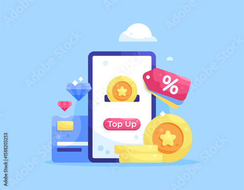 a top up discount concept. Promotions and offers for balance top ups. Mobile technology and finance. Illustration of a smartphone with a percentage label, payment card, and coins. Flat design style