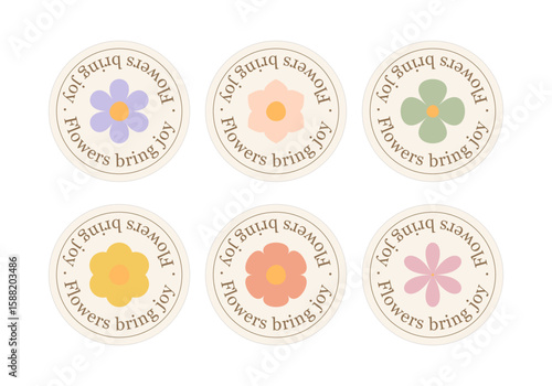 Set of round vintage stickers with the inscription "Flowers bring joy" and cute flowers in pastel colors. Ideal for packaging, gifts, crafting, scrapbooking and handmade design, web design.