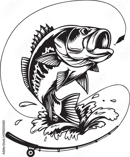 Dynamic illustration of a largemouth bass leaping from water towards a fishing lure
