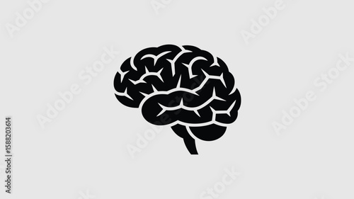 Human brain graphic in solid black showcases intellect and cognitive function on a clean, simple white background.