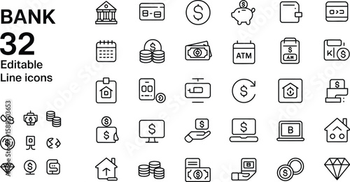 Illustration of bank editable line icons featuring financial and money symbols
